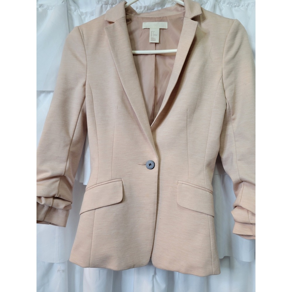 HM Womens Ruched 3/4 Sleeve Blazer Blush Pink Single Button Size 2 2033